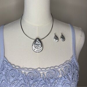Vintage Hammered Silver & Rhinestone Teardrop Necklace & Earrings Set